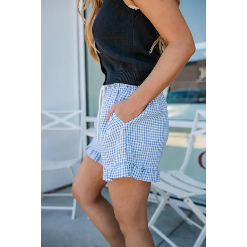 Women's Retro Checkered Ruffle Hem Frilly Effortless Shorts - Blue, Polyester Women's Clothes for Picnics