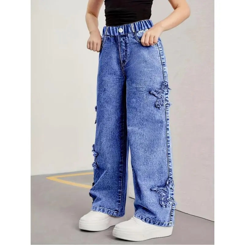 Girls' Y2K-Style Basic Blue Denim Straight-Leg Jeans - 1 Pair, Multi Pockets, Star Patterns, Button Closure, All-Seasons Casual Long Pants
