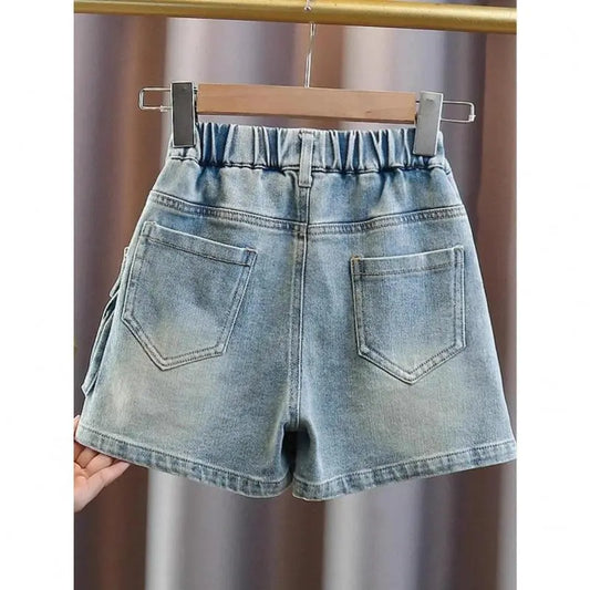 Girls' Trendy Workwear Denim Shorts - Asymmetrical Slit, Large Side Pockets, Loose-Fitting Slim-Cut, Trendy and Cool, All Seasons, Versatile Kids' Bottoms for Holiday & Daily Outdoor Use, 7-8Y