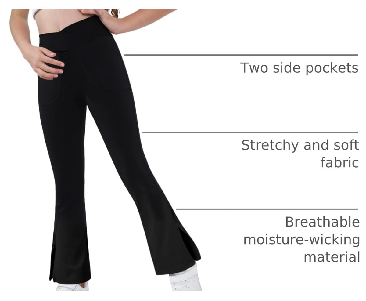 Teen Girls Bootcut Yoga Pants Kids Active Crossover Split Hem Flare Leggings with Pockets