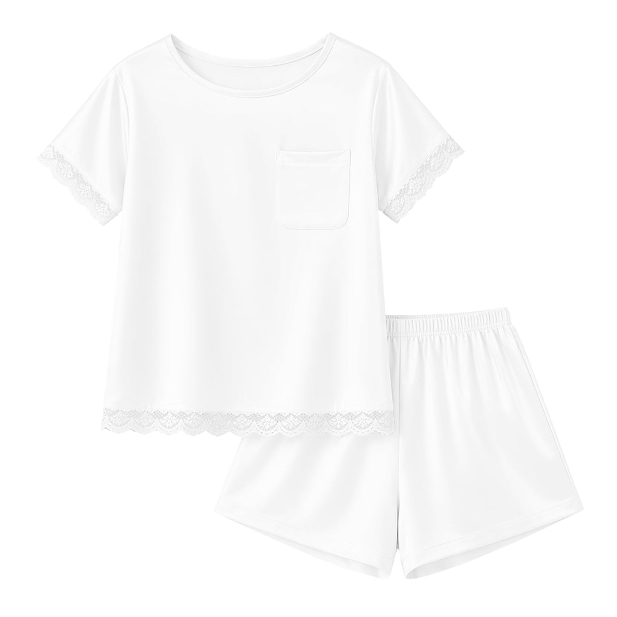 rrhss Girls Silk Satin Pajamas Kids Lace Trim Short Sleeve Shirt and Shorts Pajama Set Pjs Sleepwear 5-14Y