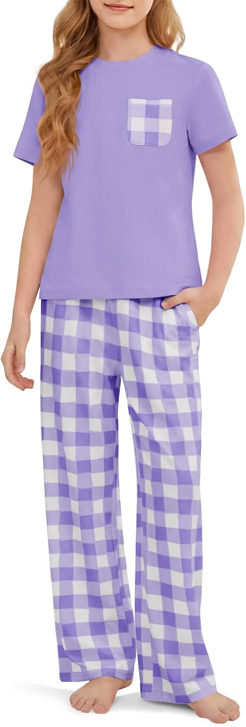 rrhss Girls Pajama Sets Kids Short Sleeve Tops and Plaid Long Pants PJS Sleepwear Soft Lounge Set 5-14 Years