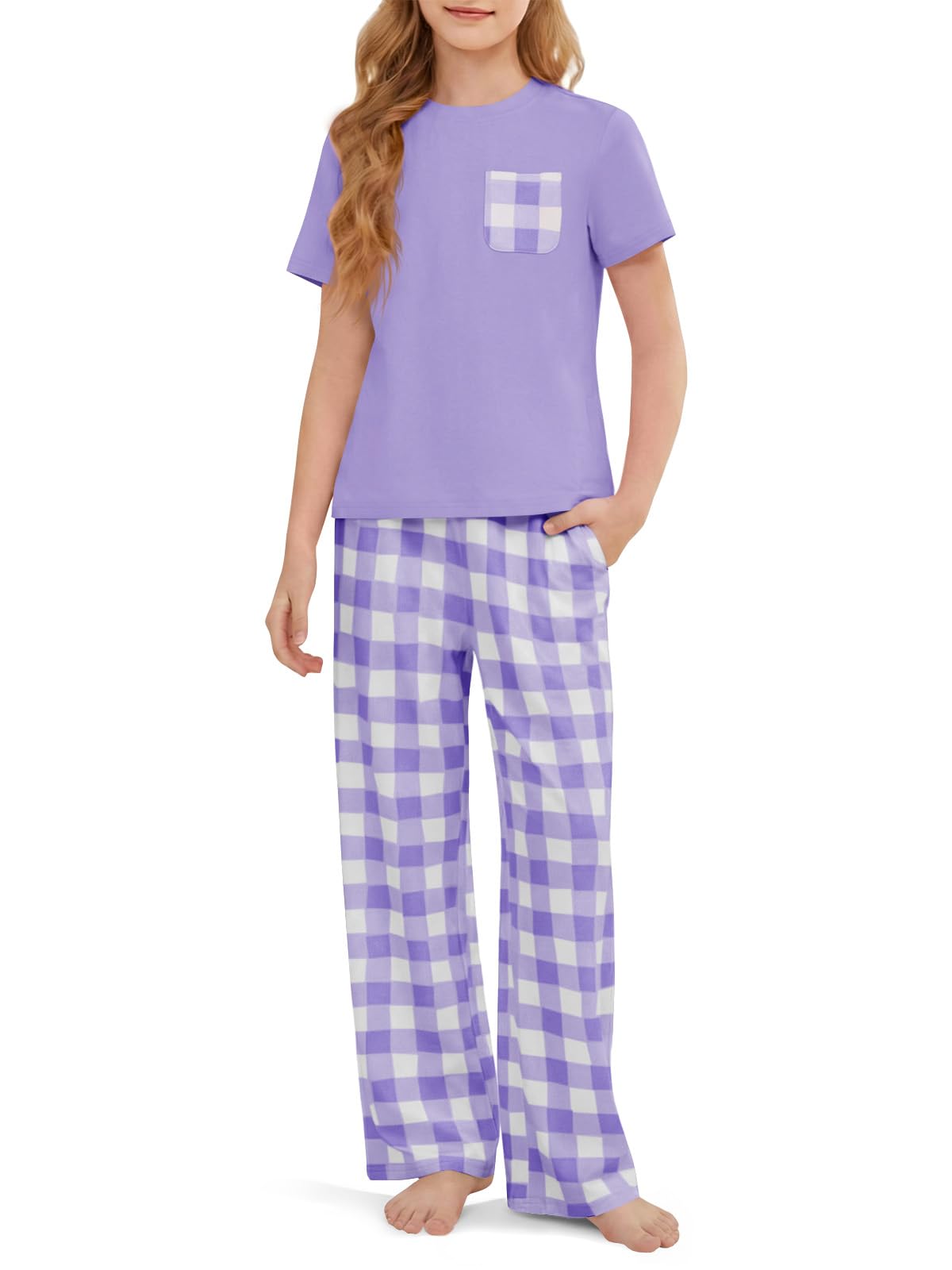 rrhss Girls Pajama Sets Kids Short Sleeve Tops and Plaid Long Pants PJS Sleepwear Soft Lounge Set 5-14 Years