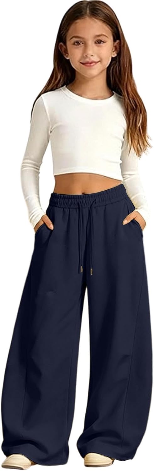 Girls Sweatpants Baggy Barrel Wide Leg Pants Drawstring Open Bottom Casual Sweat Trousers with Pockets 5-15 Years