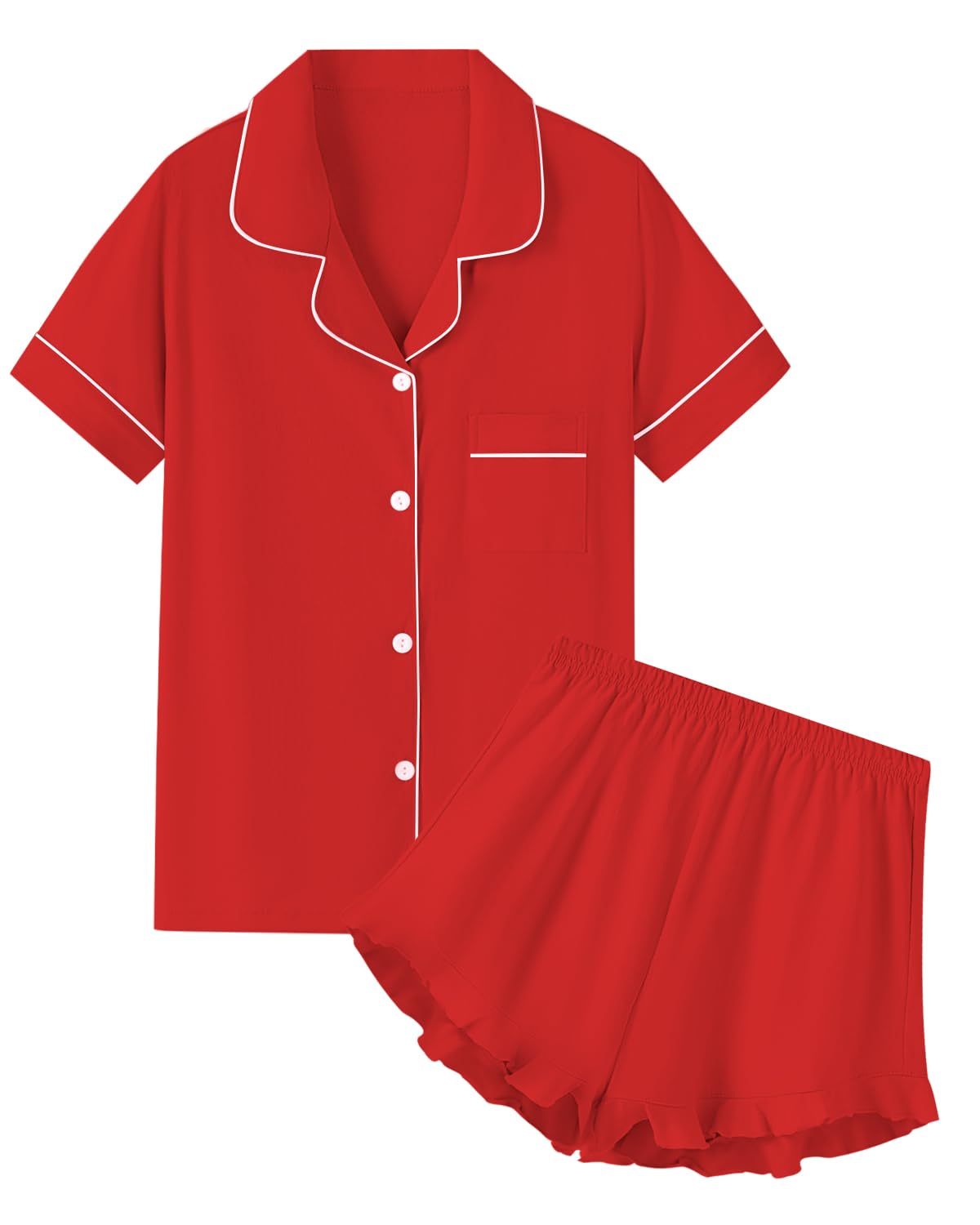 QZH.DUAO Girls & Women Pajama Sets Cotton Sleepwear Button Down Short Sleeve With Ruffle Shorts PJS 5 Years-Large