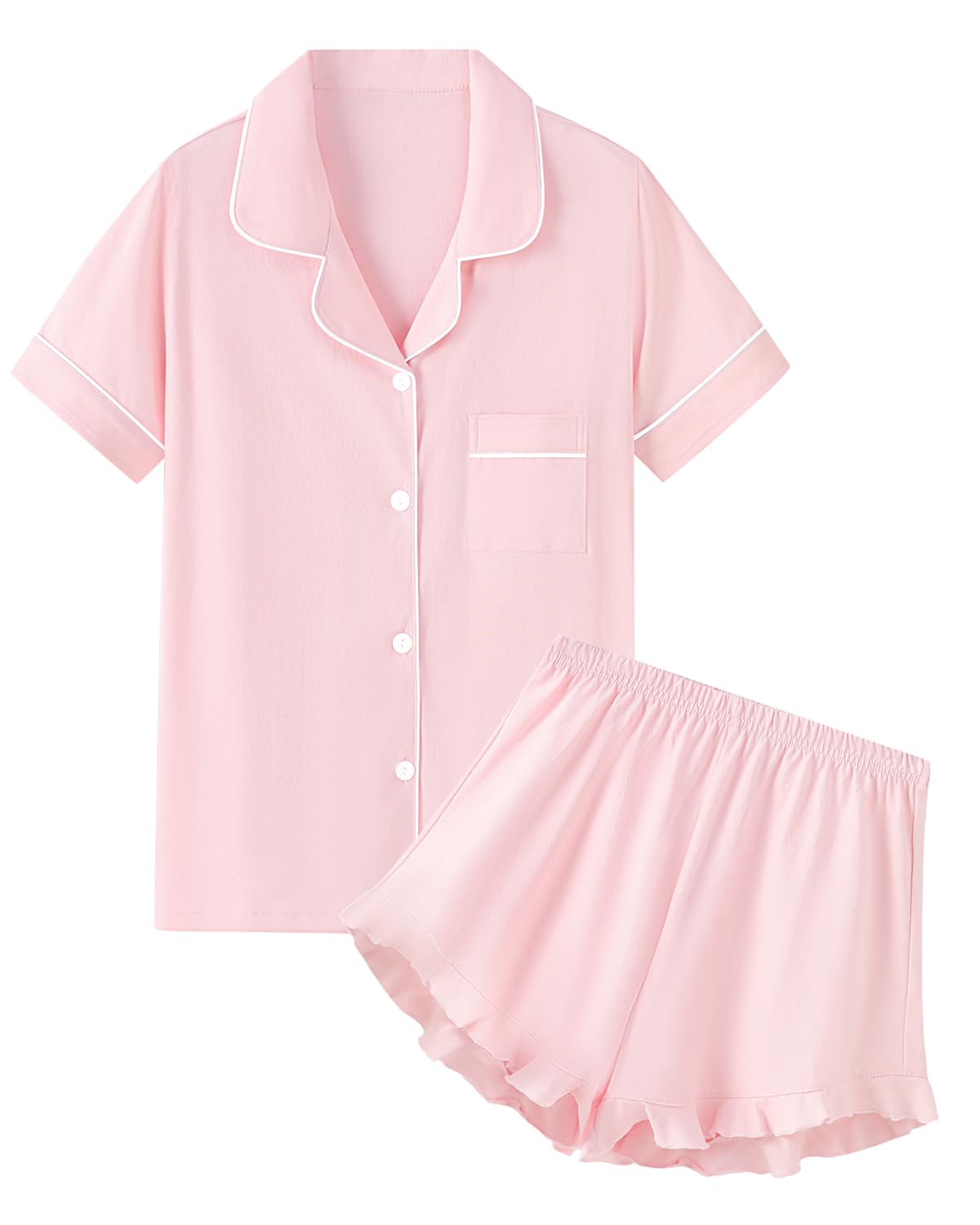 QZH.DUAO Girls & Women Pajama Sets Cotton Sleepwear Button Down Short Sleeve With Ruffle Shorts PJS 5 Years-Large