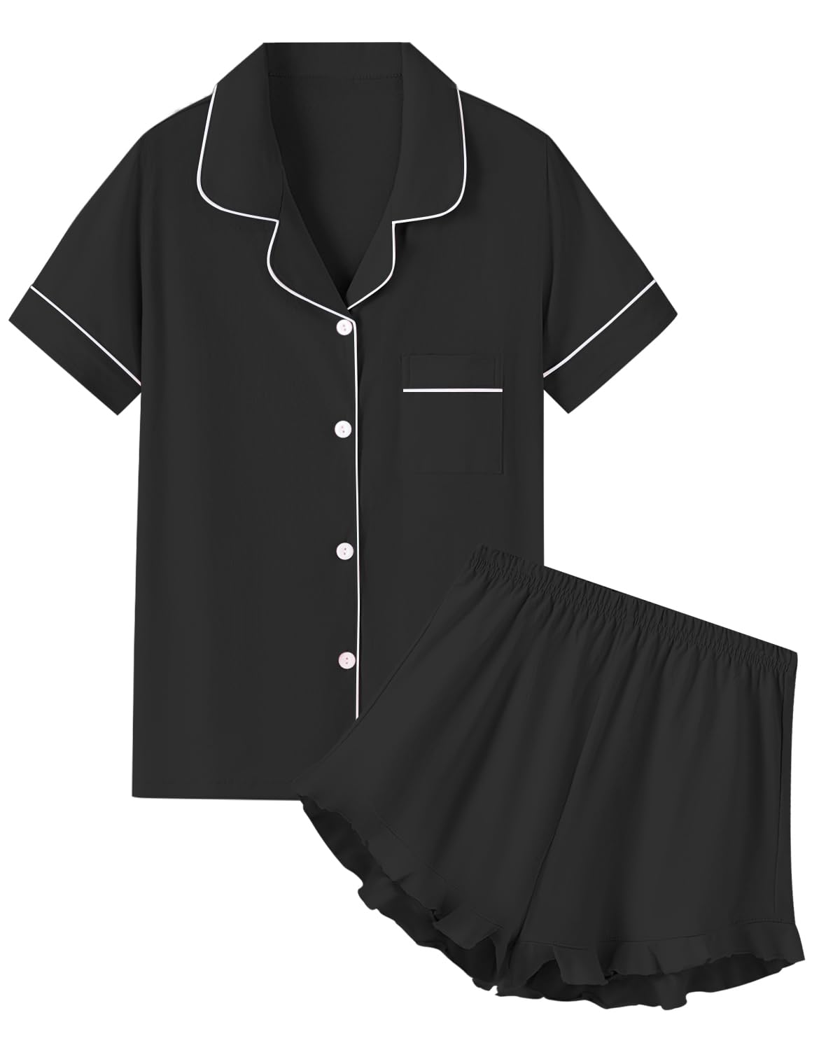 QZH.DUAO Girls & Women Pajama Sets Cotton Sleepwear Button Down Short Sleeve With Ruffle Shorts PJS 5 Years-Large