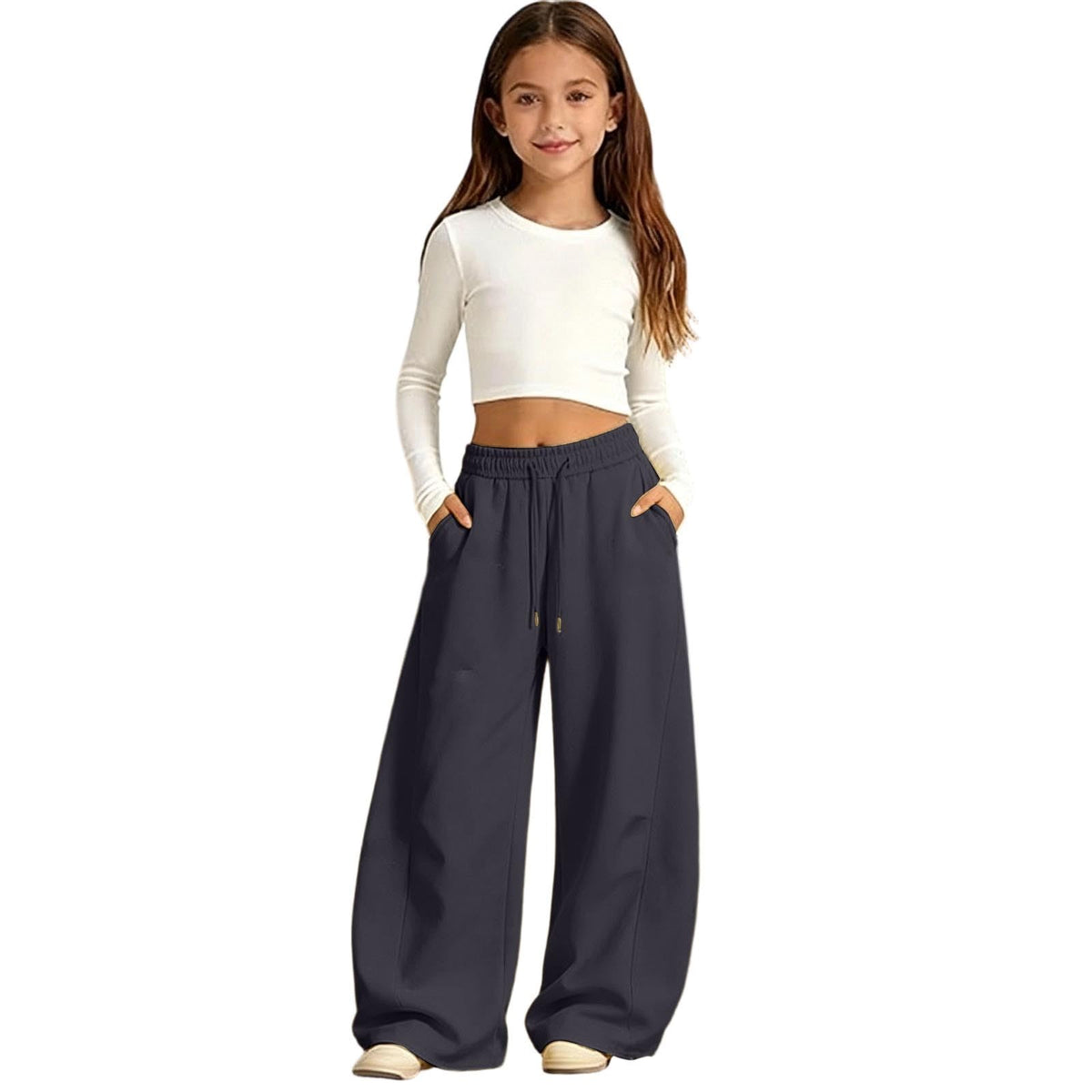 Girls Sweatpants Baggy Barrel Wide Leg Pants Drawstring Open Bottom Casual Sweat Trousers with Pockets 5-15 Years