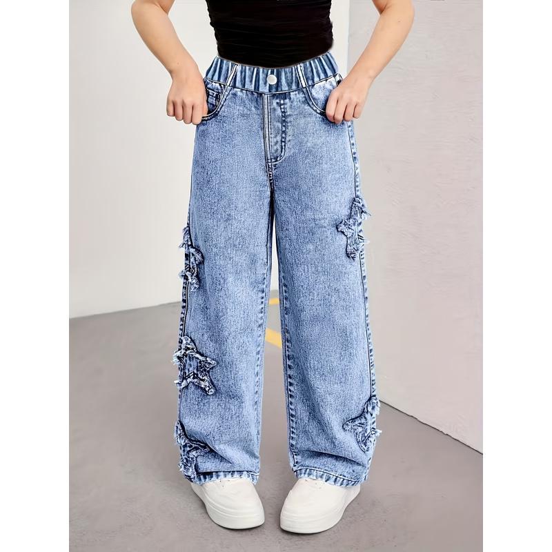 Girls' Y2K-Style Basic Blue Denim Straight-Leg Jeans - 1 Pair, Multi Pockets, Star Patterns, Button Closure, All-Seasons Casual Long Pants