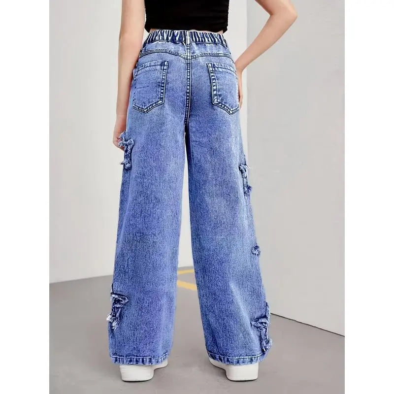 Girls' Y2K-Style Basic Blue Denim Straight-Leg Jeans - 1 Pair, Multi Pockets, Star Patterns, Button Closure, All-Seasons Casual Long Pants