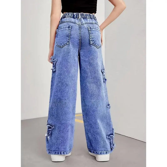 Girls' Y2K-Style Basic Blue Denim Straight-Leg Jeans - 1 Pair, Multi Pockets, Star Patterns, Button Closure, All-Seasons Casual Long Pants