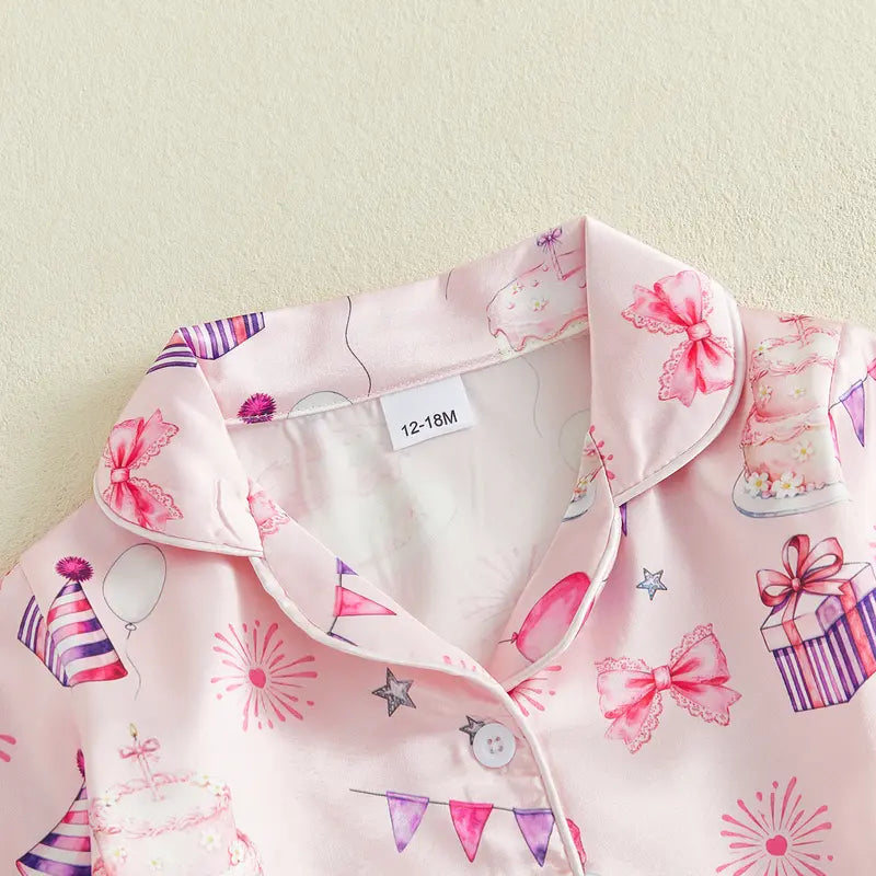 Girls Birthday Pajama Sets Long Sleeve Lapel Button Up Cake Balloon Print Shirt Pants Sleepwear