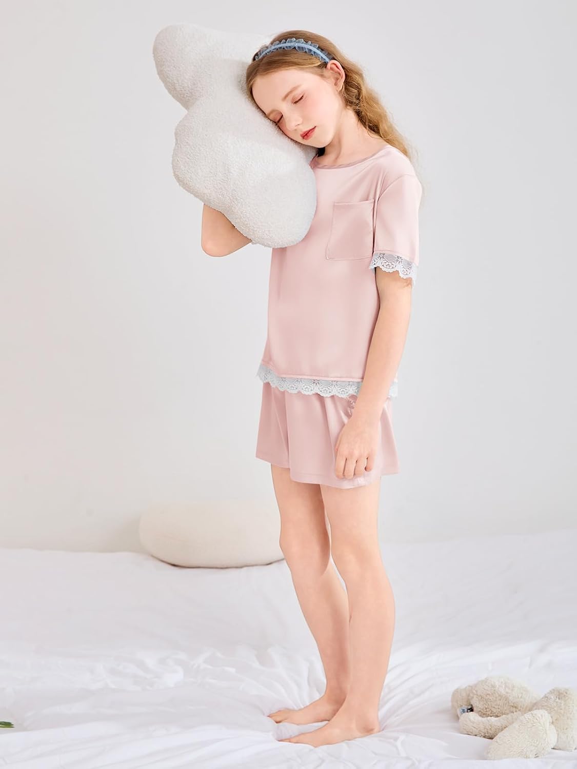 rrhss Girls Silk Satin Pajamas Kids Lace Trim Short Sleeve Shirt and Shorts Pajama Set Pjs Sleepwear 5-14Y