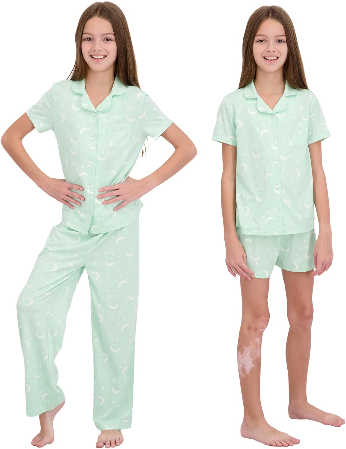 US Angels Girls Pajama Set 3 Piece, Short Sleeve Button Down PJs with Shorts & Pants, Soft Sleepwear Girls & Tweens Size 5-16