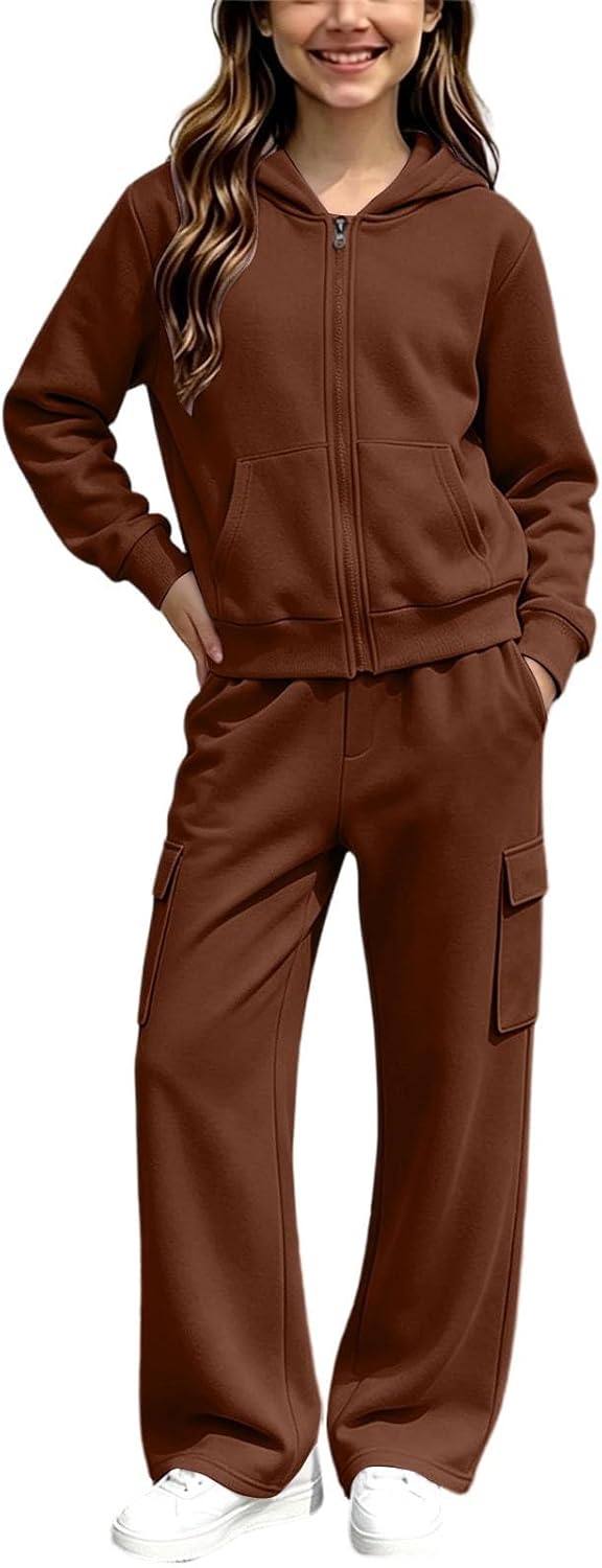 Girls Sweatsuit Fall Winter Zip Up Hoodie And Cargo Sweatpant Set Cozy Wear