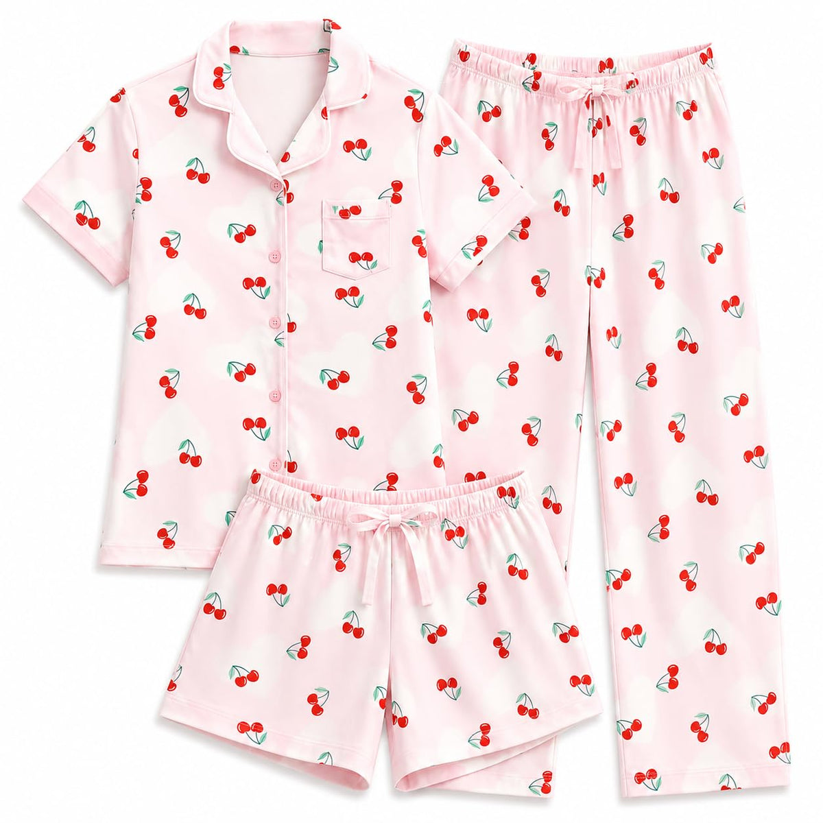 US Angels Girls Pajama Set 3 Piece, Short Sleeve Button Down PJs with Shorts & Pants, Soft Sleepwear Girls & Tweens Size 5-16