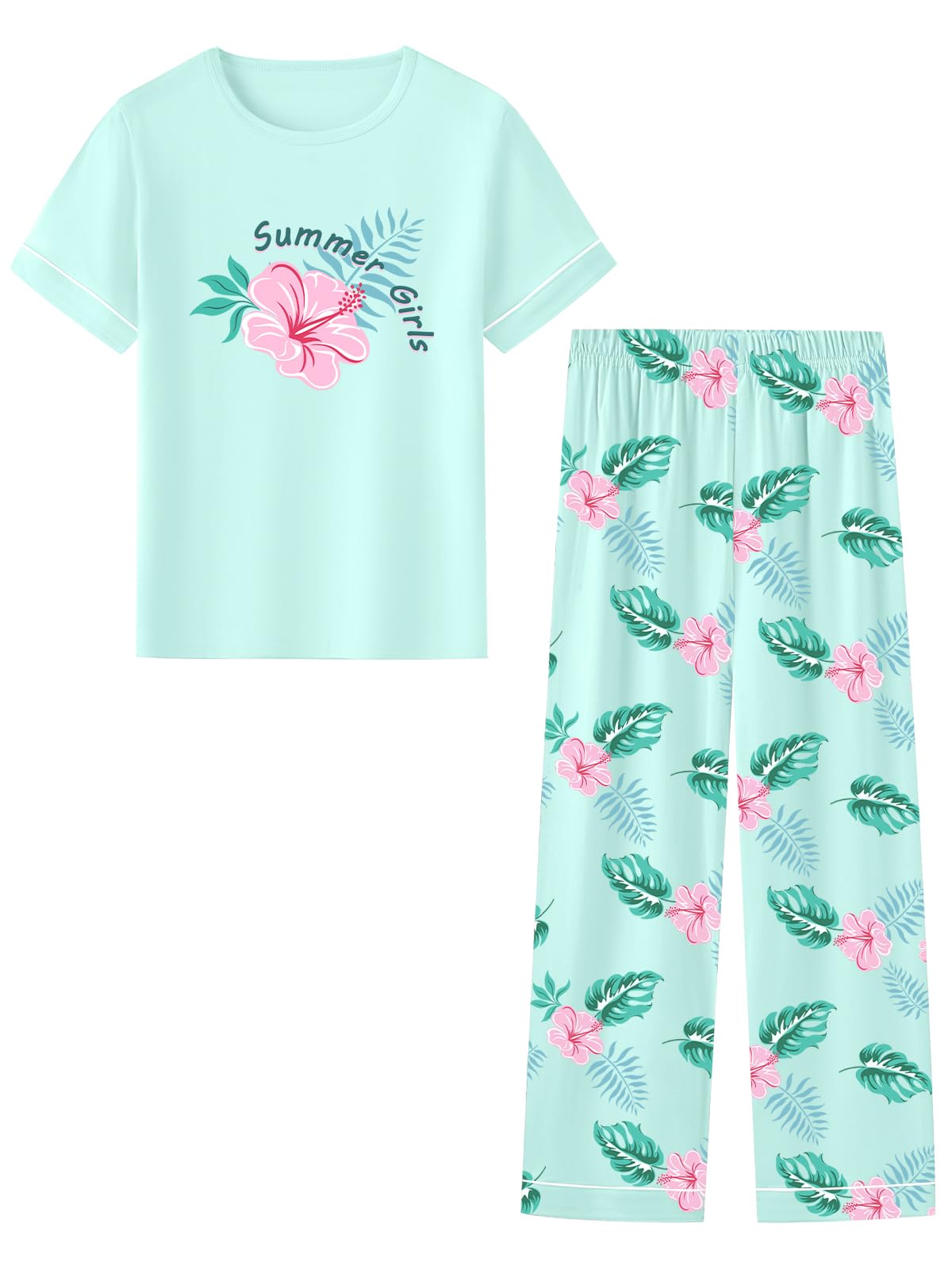 Umeyda Girls Pajamas 2PCS Short Sleeve Top & Pants 100% Cotton Pjs Sets Loungewear for Kids Age 5-14 Years