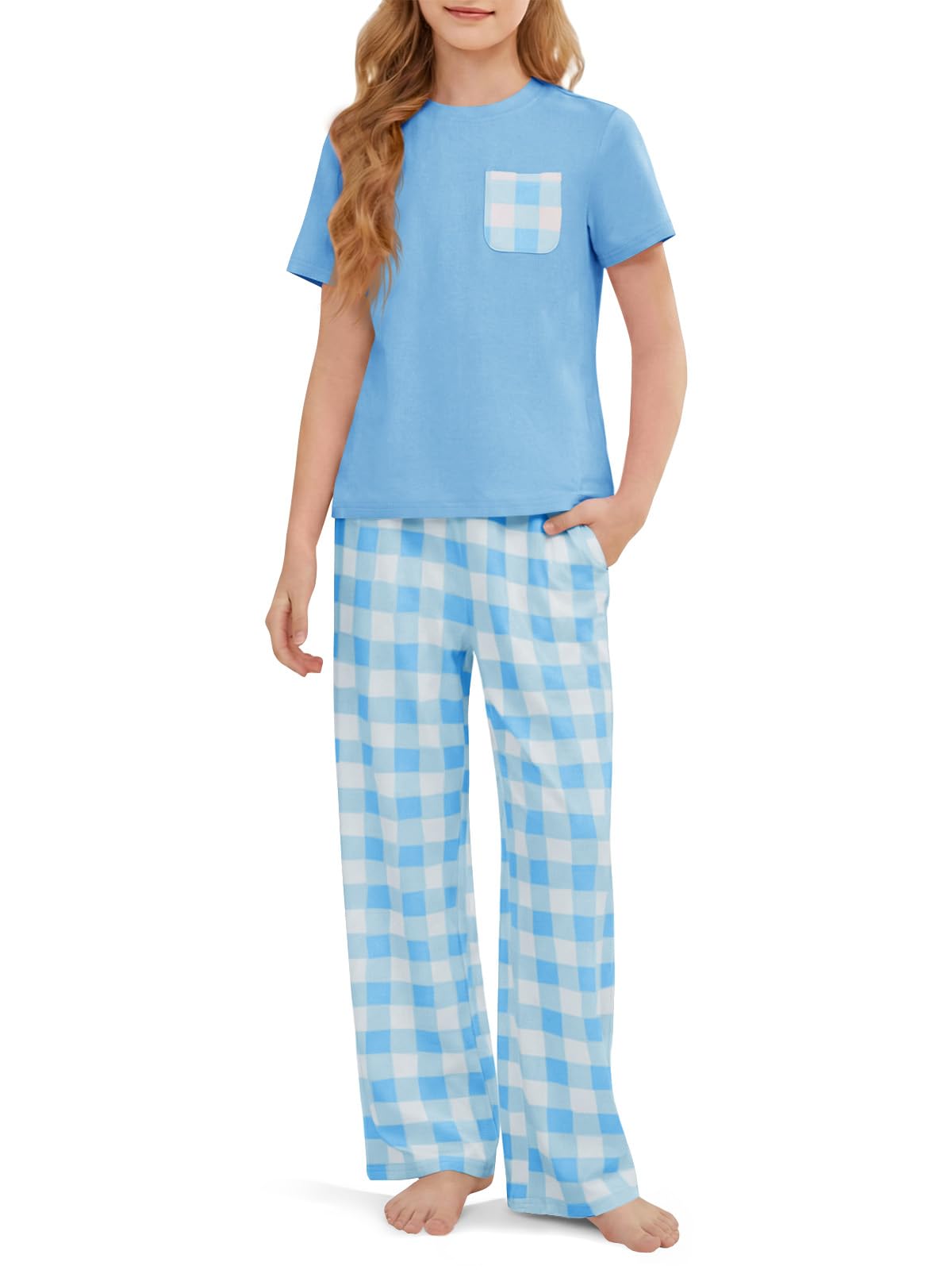 rrhss Girls Pajama Sets Kids Short Sleeve Tops and Plaid Long Pants PJS Sleepwear Soft Lounge Set 5-14 Years