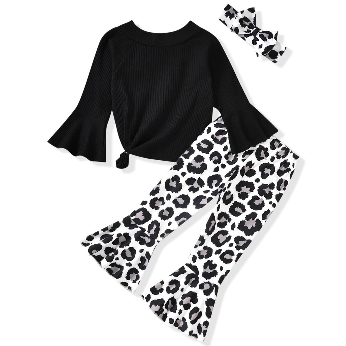 HIHA Toddler Little Girls Long Flare Sleeve Tops Bell Bottom Pants Outfit with Headband
