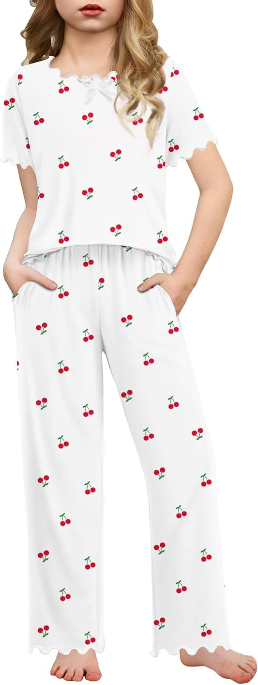 Arshiner Girls Pajamas Short Sleeve Long Pant Sleepwear Soft Shirring Pjs