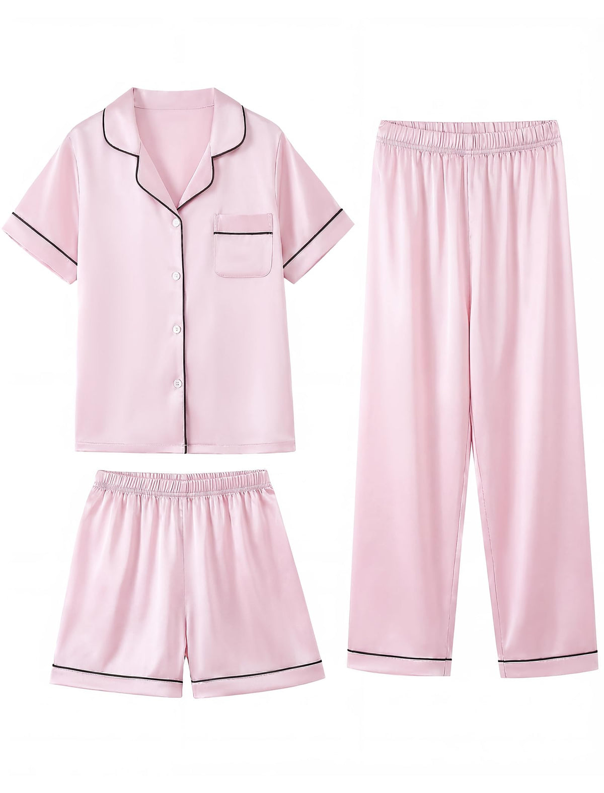 Mikrdoo 3 Piece Girls Silk Satin Pajamas Set Soft Lightweight Button Down Pjs Sleepwear for Kids Size 6-16 Years