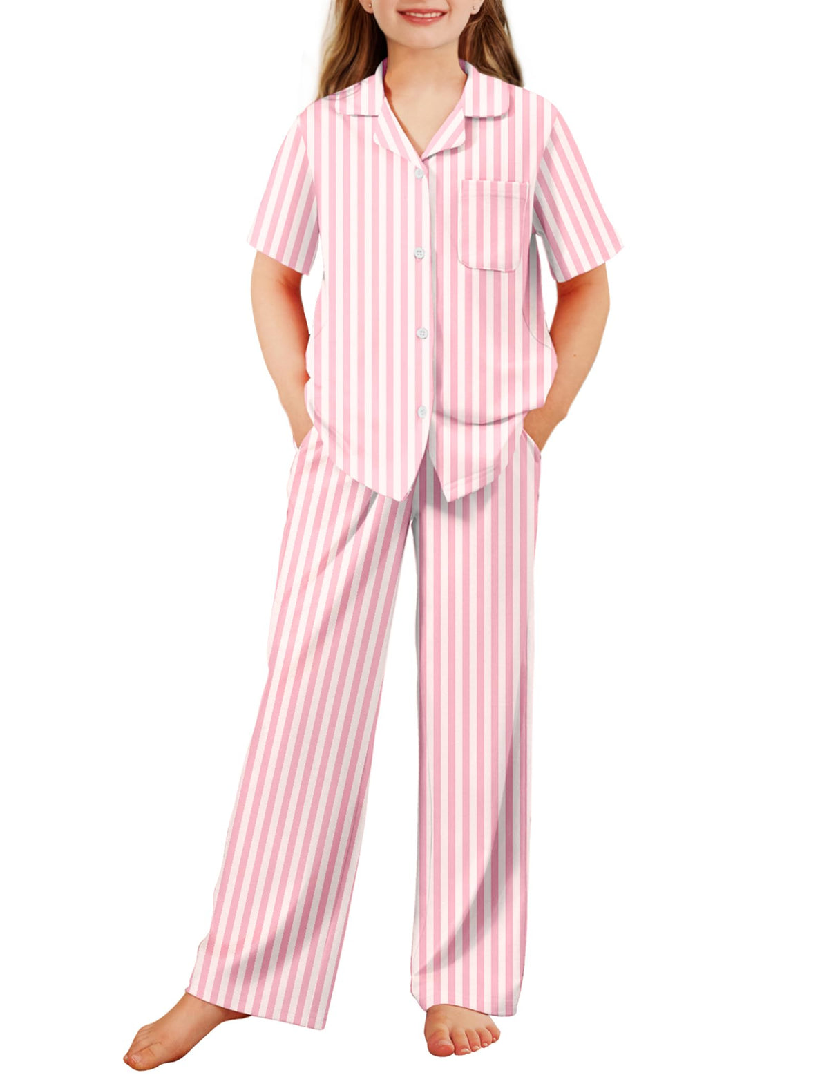 Arshiner Pajamas for Girls Short Sleeve Long Pants Sleepwear Button Pjs Set