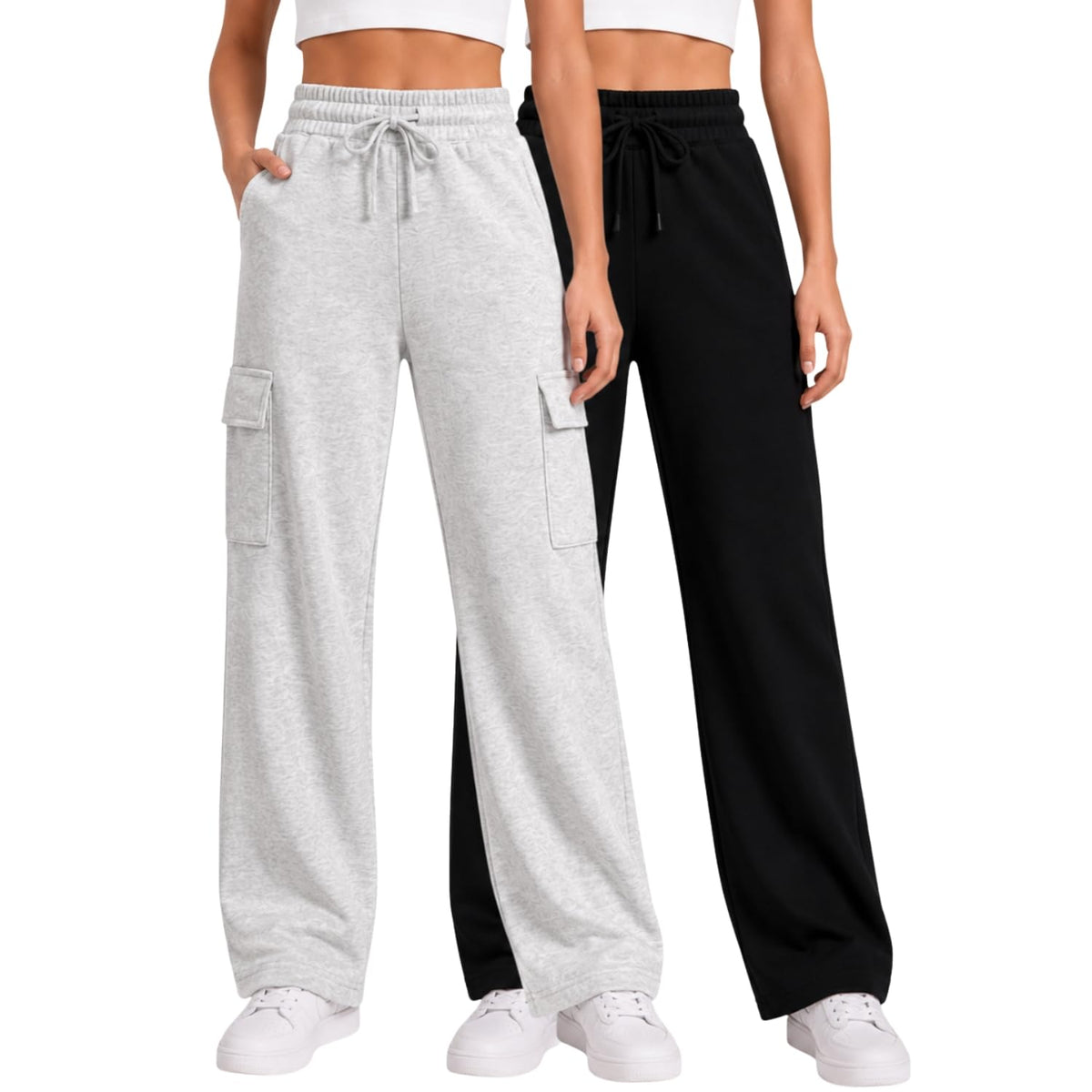 Forever 21 Girls 2-Pack Wide Leg Cargo Fleece Sweatpants with Pockets, 4-16