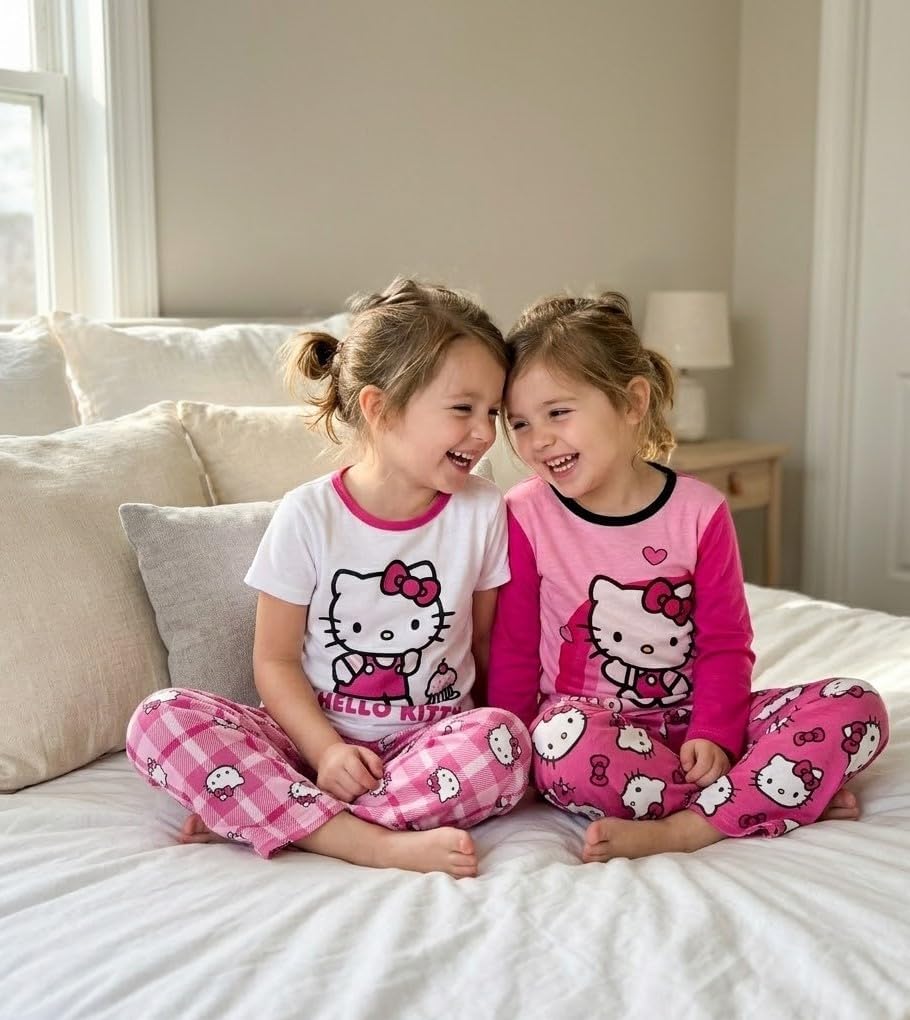 Hello Kitty Girls Pajama Pants and Sleep Shirt Sets 4 Piece PJ Top and Bottom Sleepwear Set for Girls Pajamas for Kids