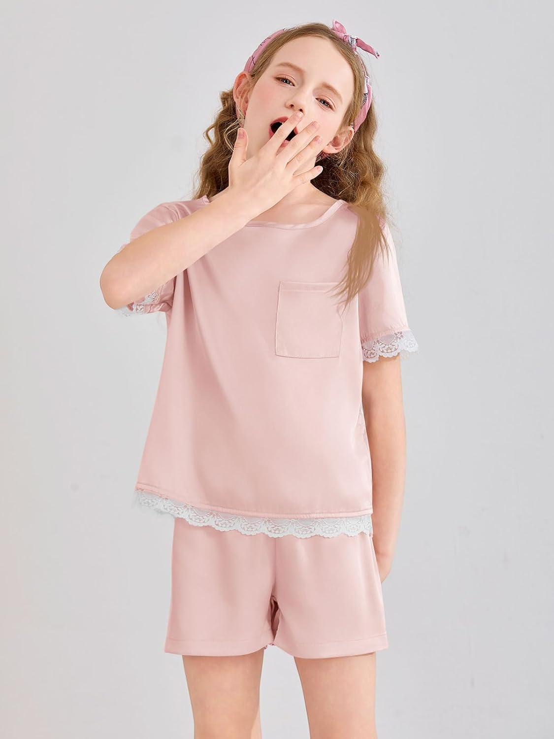 rrhss Girls Silk Satin Pajamas Kids Lace Trim Short Sleeve Shirt and Shorts Pajama Set Pjs Sleepwear 5-14Y