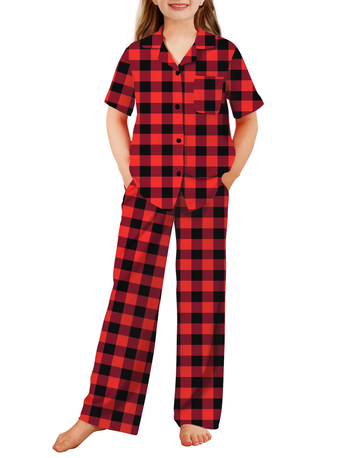 Arshiner Pajamas for Girls Short Sleeve Long Pants Sleepwear Button Pjs Set
