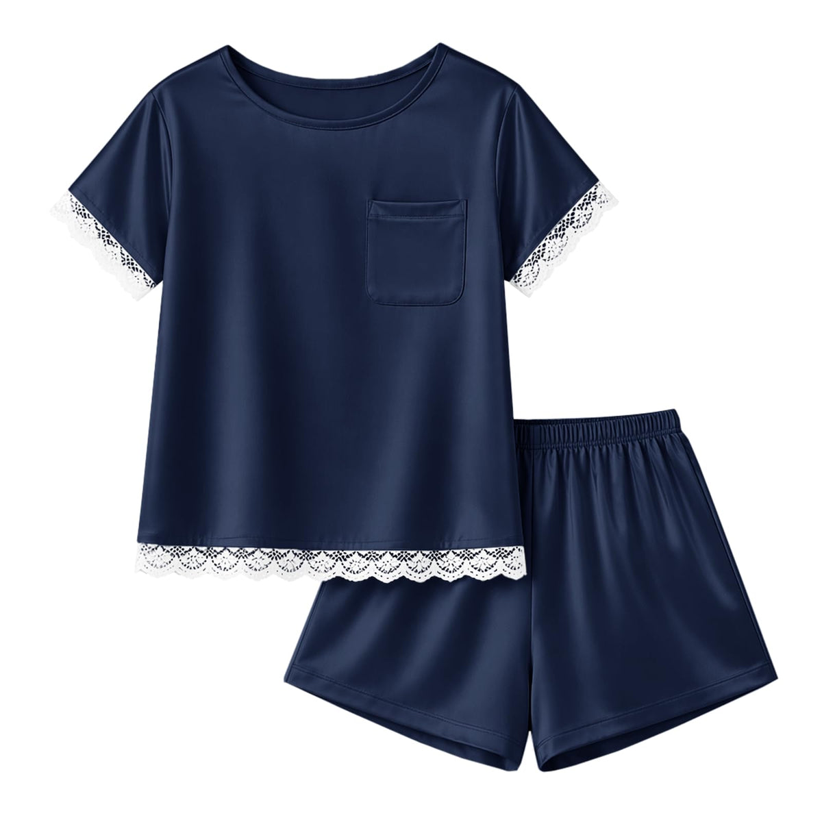 rrhss Girls Silk Satin Pajamas Kids Lace Trim Short Sleeve Shirt and Shorts Pajama Set Pjs Sleepwear 5-14Y