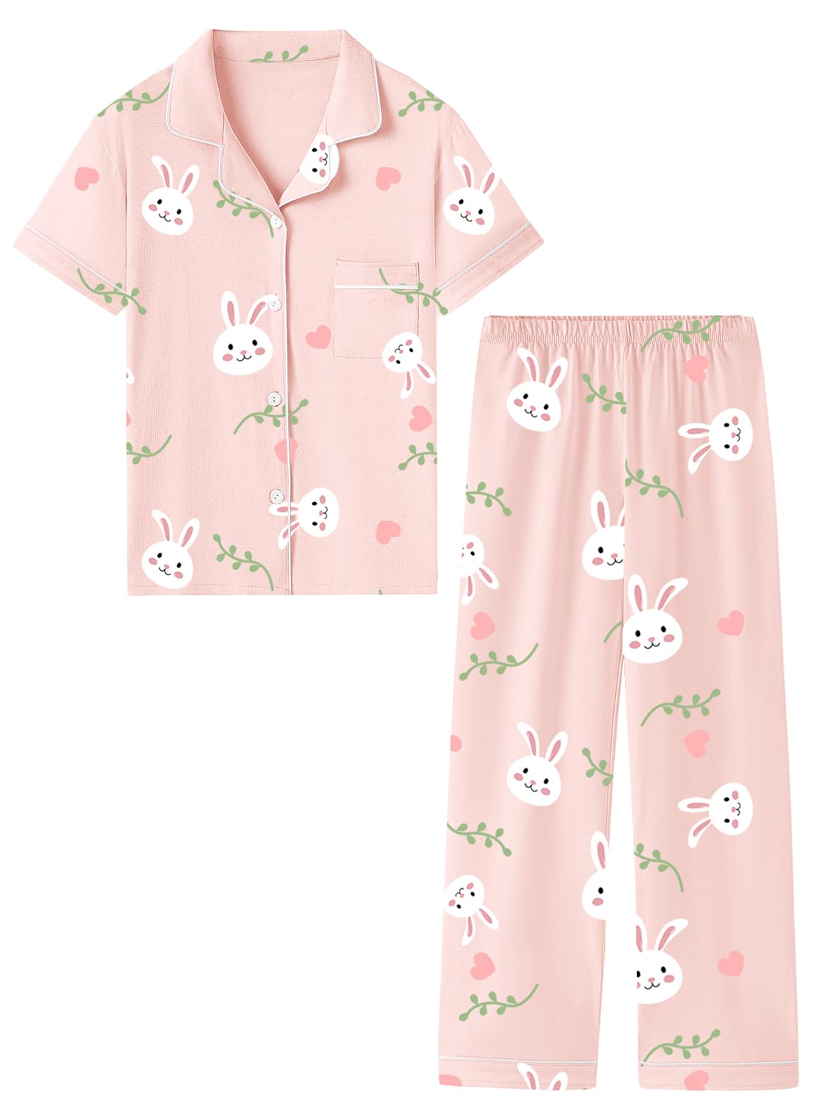 QZH.DUAO Girls Cotton Short Sleeves and Long Pants Pajama Set, 5-14 Years