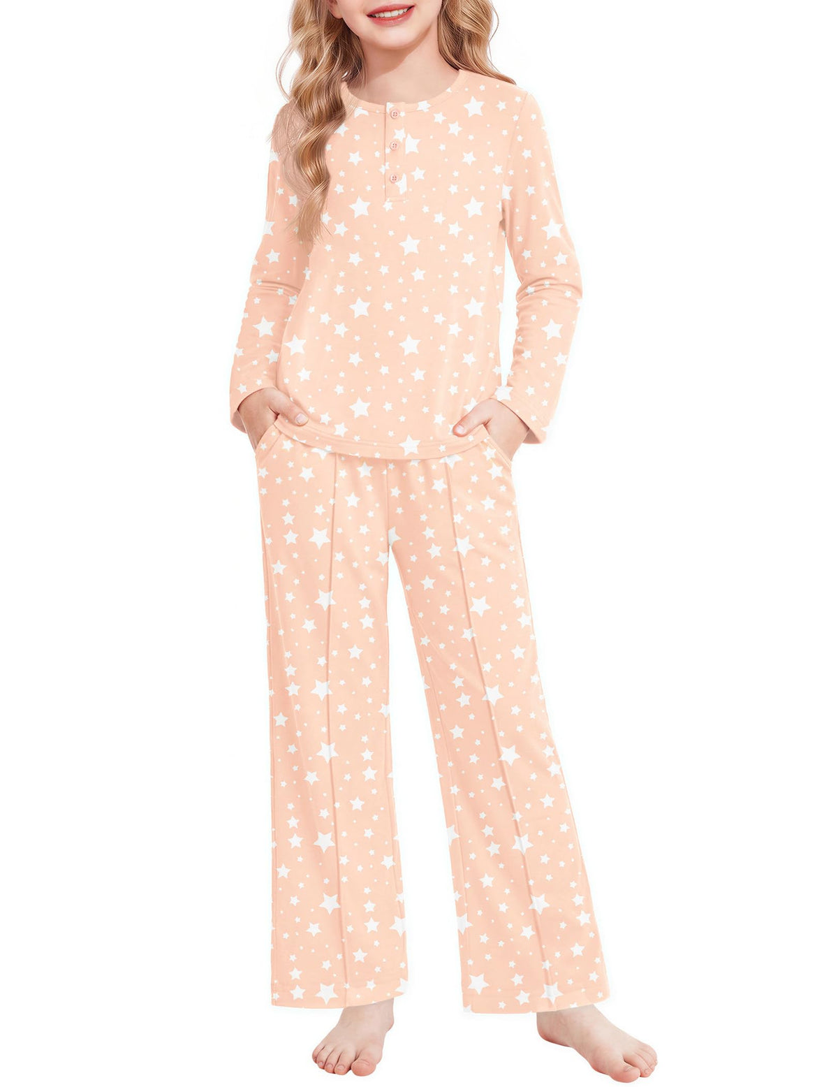 Arshiner Girls Pajamas Long Sleeve Sleepwear Comfy Henley Neck Pjs Set