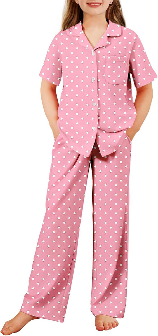 Arshiner Pajamas for Girls Short Sleeve Long Pants Sleepwear Button Pjs Set