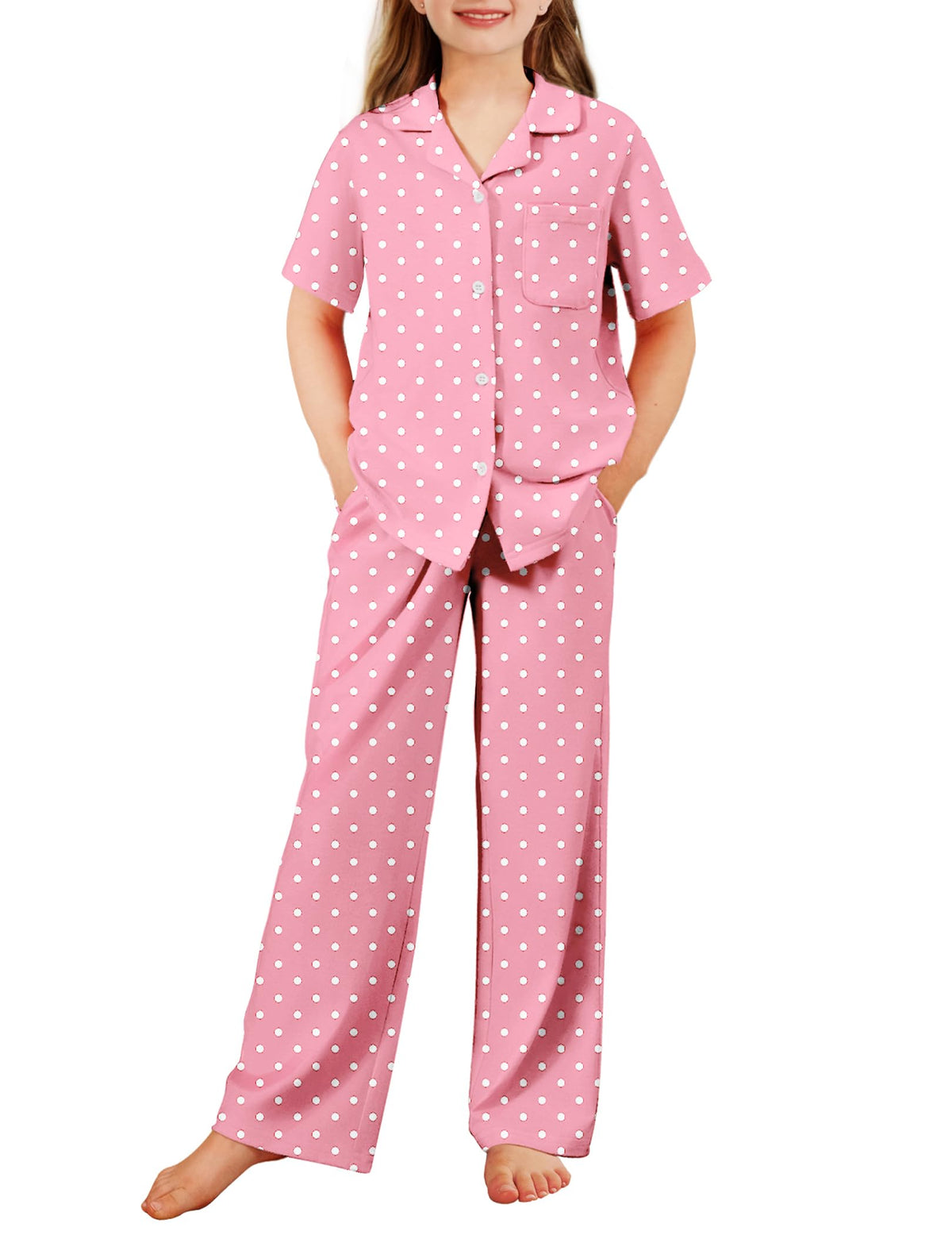 Arshiner Pajamas for Girls Short Sleeve Long Pants Sleepwear Button Pjs Set
