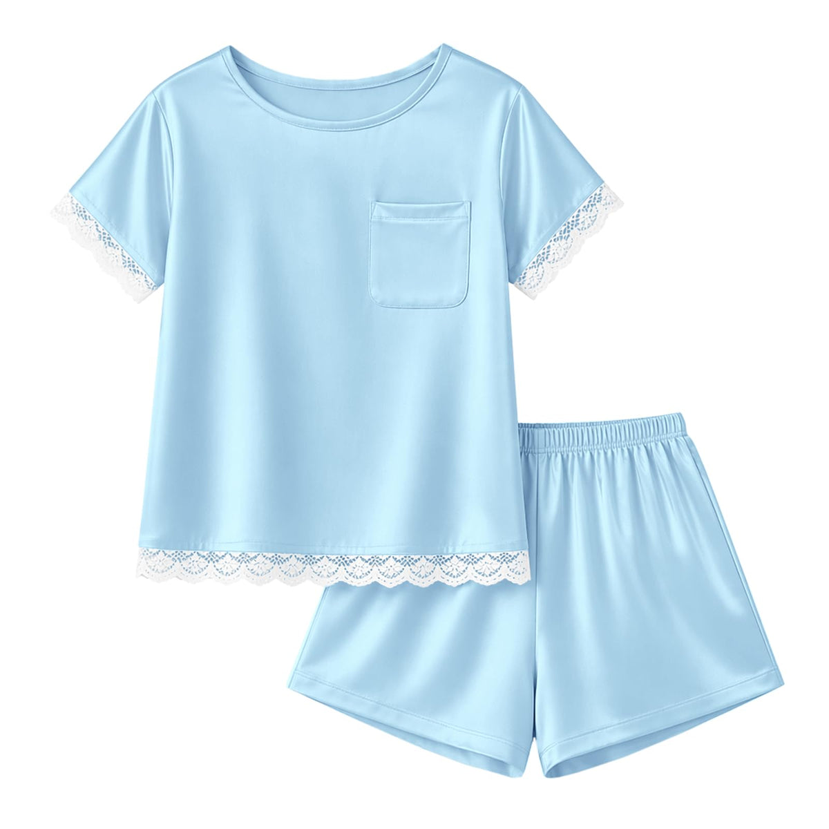 rrhss Girls Silk Satin Pajamas Kids Lace Trim Short Sleeve Shirt and Shorts Pajama Set Pjs Sleepwear 5-14Y