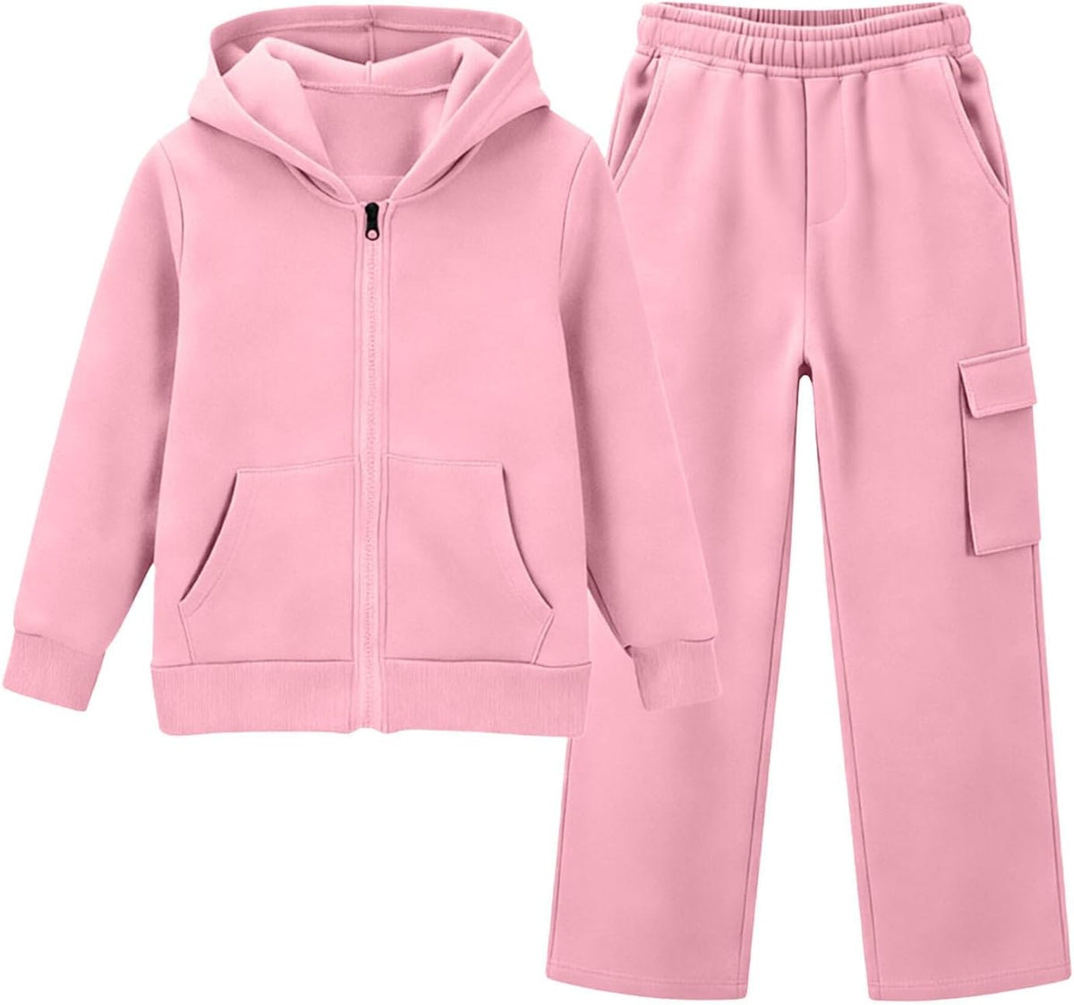 Girls Sweatsuit Fall Winter Zip Up Hoodie And Cargo Sweatpant Set Cozy Wear