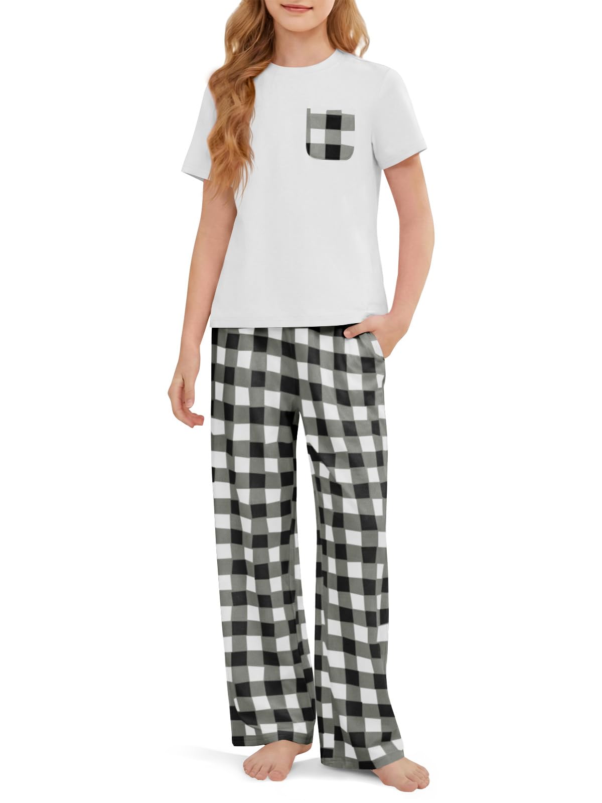 rrhss Girls Pajama Sets Kids Short Sleeve Tops and Plaid Long Pants PJS Sleepwear Soft Lounge Set 5-14 Years