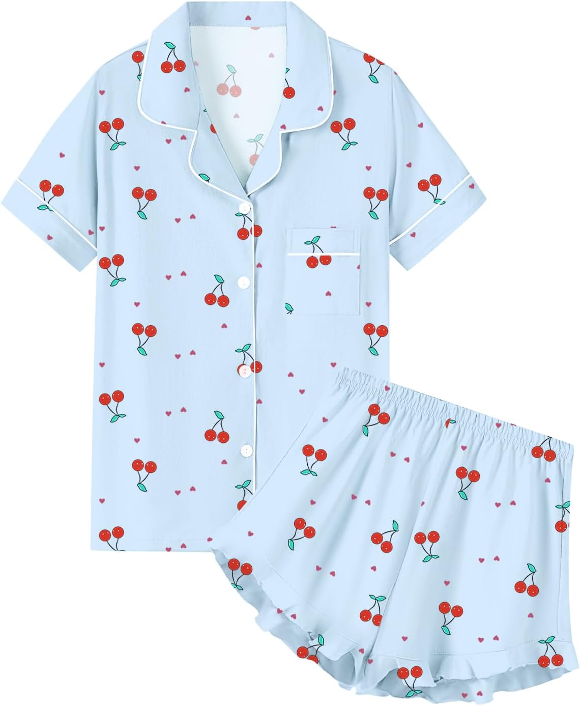 QZH.DUAO Girls & Women Pajama Sets Cotton Sleepwear Button Down Short Sleeve With Ruffle Shorts PJS 5 Years-Large