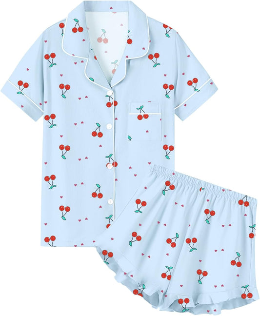 QZH.DUAO Girls & Women Pajama Sets Cotton Sleepwear Button Down Short Sleeve With Ruffle Shorts PJS 5 Years-Large