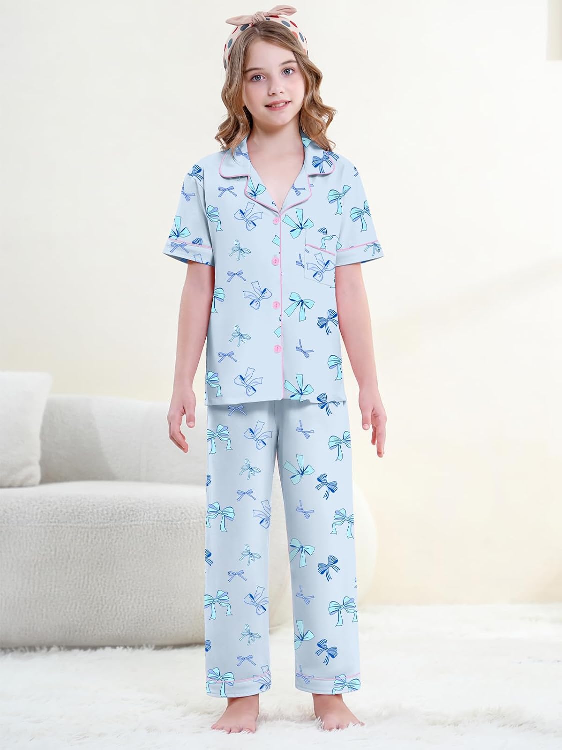 QZH.DUAO Girls Cotton Short Sleeves and Long Pants Pajama Set, 5-14 Years