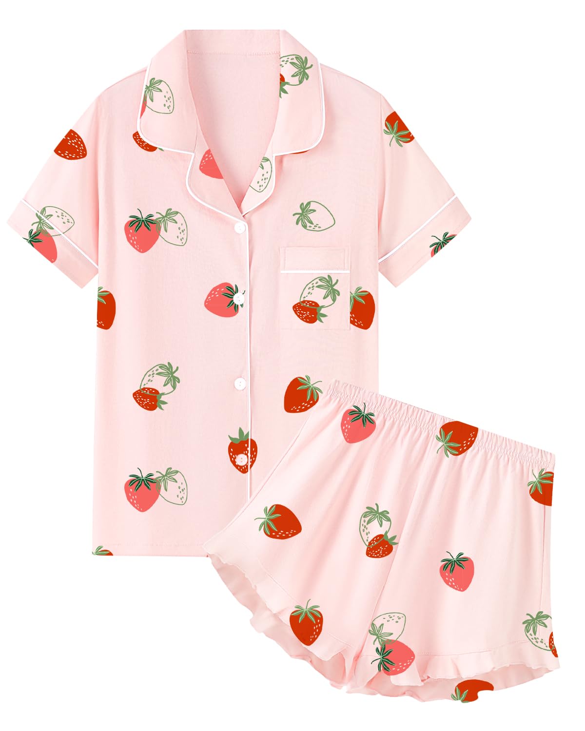 QZH.DUAO Girls & Women Pajama Sets Cotton Sleepwear Button Down Short Sleeve With Ruffle Shorts PJS 5 Years-Large