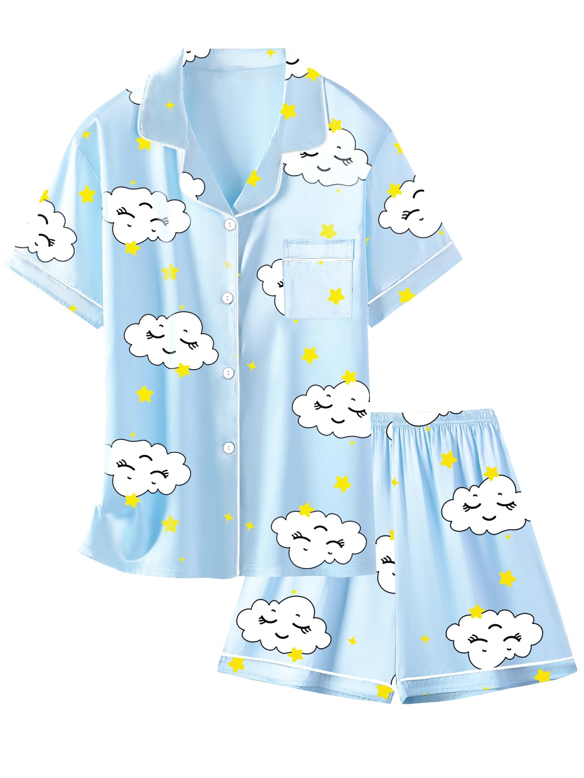 Schbbbta Girls Womens Pajamas, Satin Silky Pjs Set Kids 2Pcs Button-Down Nightwear Sleepwear Gift for Mommy and me
