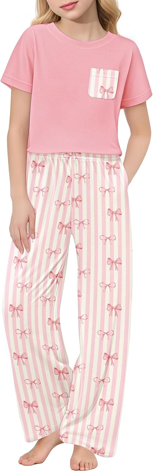 Arshiner Girls' Sleepwear Short Sleeve Long Pants Pajamas Sets Soft Pjs