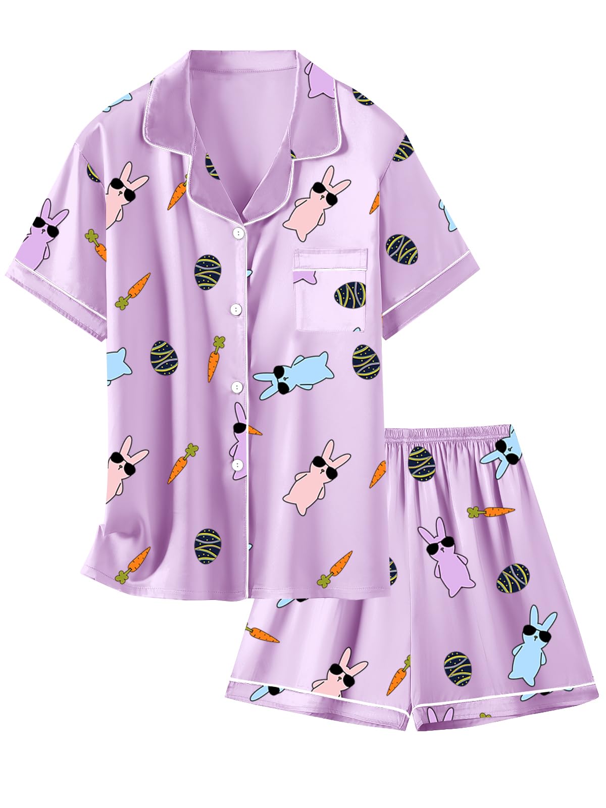 Schbbbta Girls Womens Pajamas, Satin Silky Pjs Set Kids 2Pcs Button-Down Nightwear Sleepwear Gift for Mommy and me