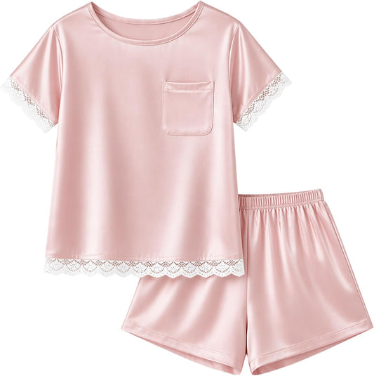 rrhss Girls Silk Satin Pajamas Kids Lace Trim Short Sleeve Shirt and Shorts Pajama Set Pjs Sleepwear 5-14Y