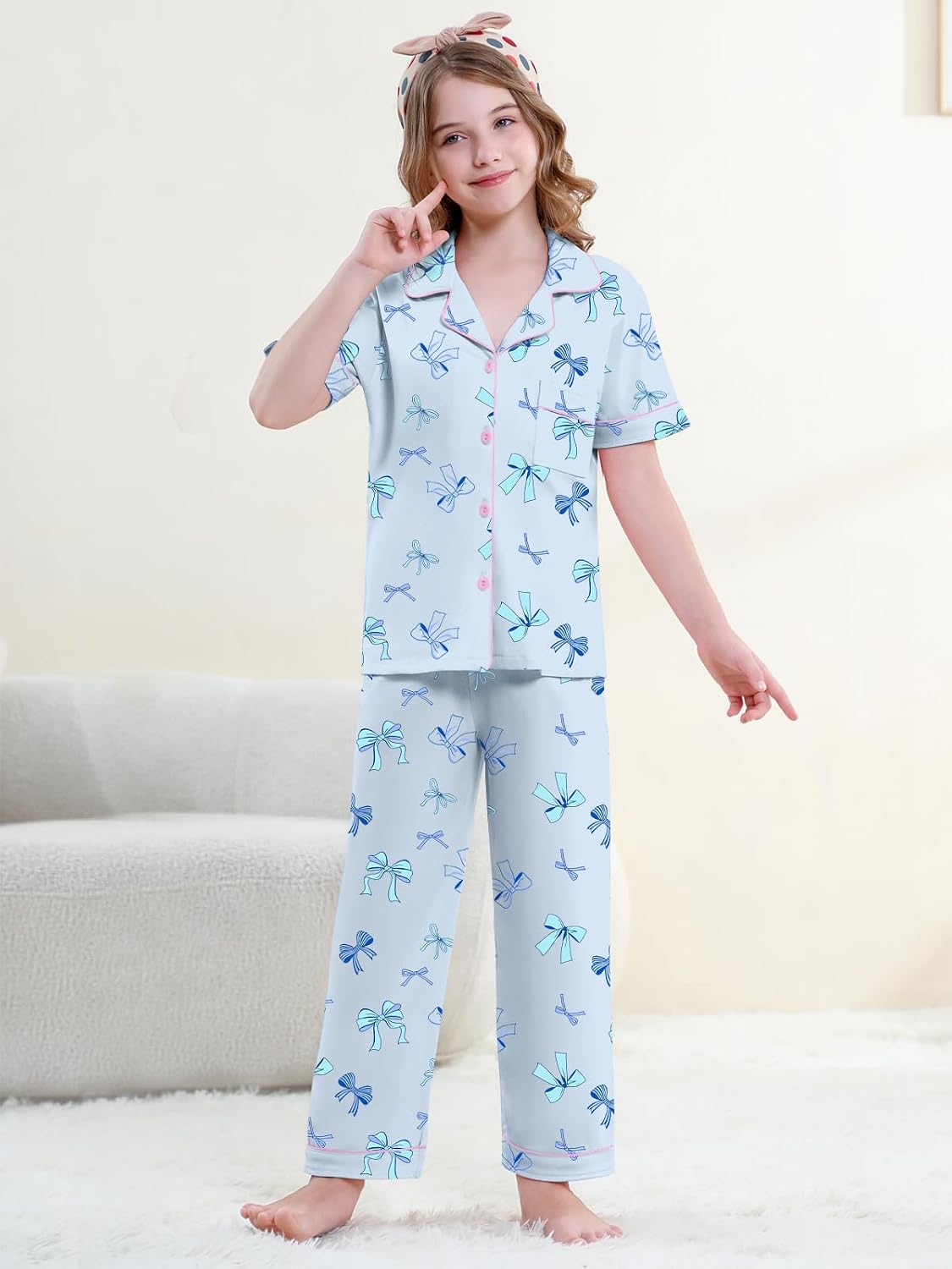 QZH.DUAO Girls Cotton Short Sleeves and Long Pants Pajama Set, 5-14 Years