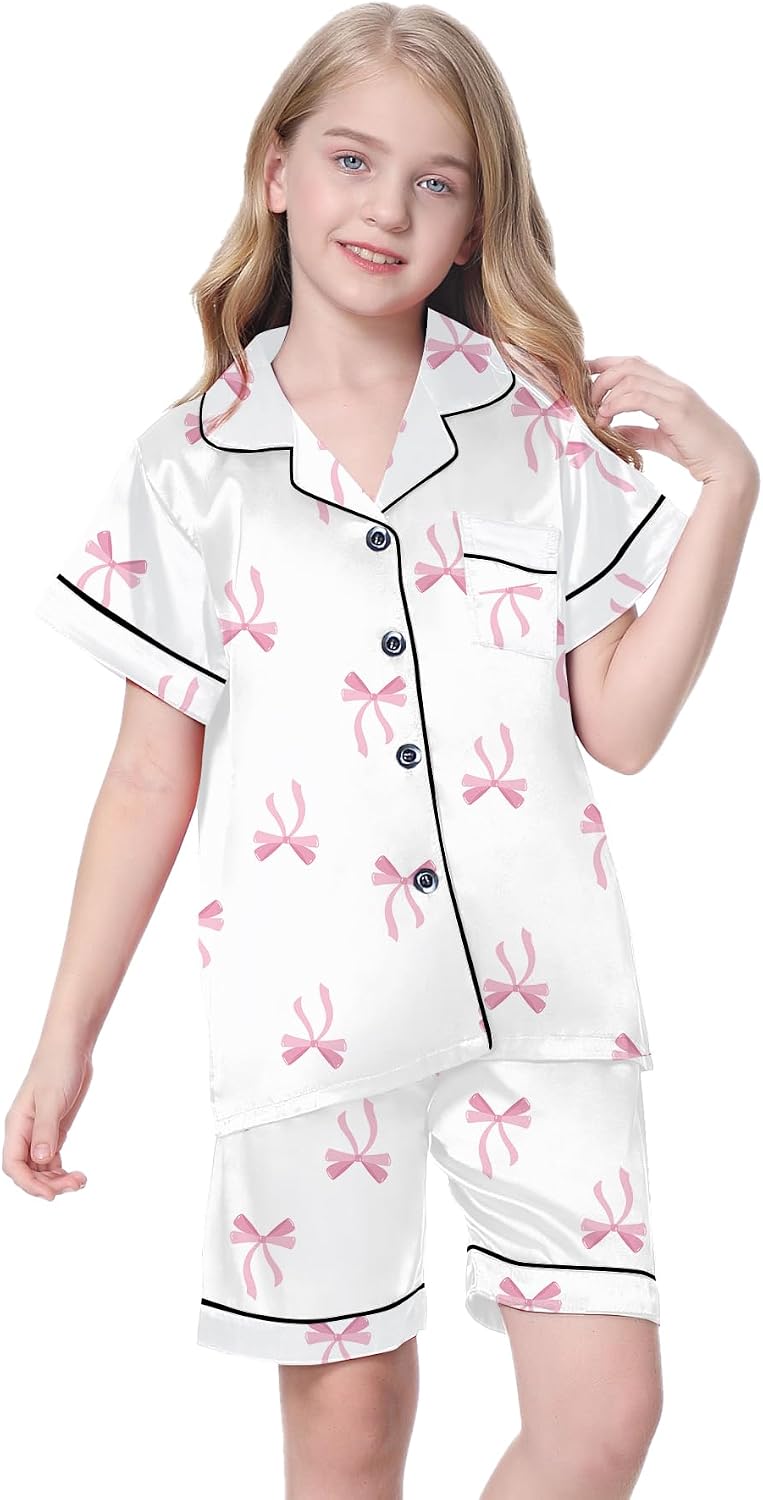 Schbbbta Girls Womens Pajamas, Satin Silky Pjs Set Kids 2Pcs Button-Down Nightwear Sleepwear Gift for Mommy and me