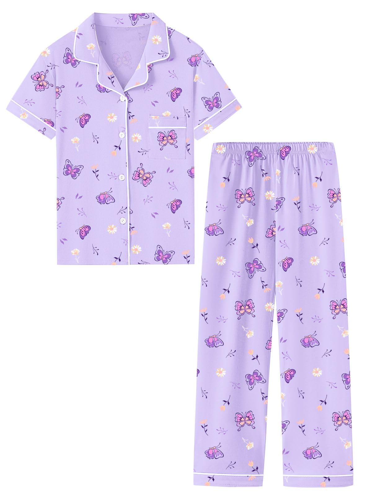 QZH.DUAO Girls Cotton Short Sleeves and Long Pants Pajama Set, 5-14 Years