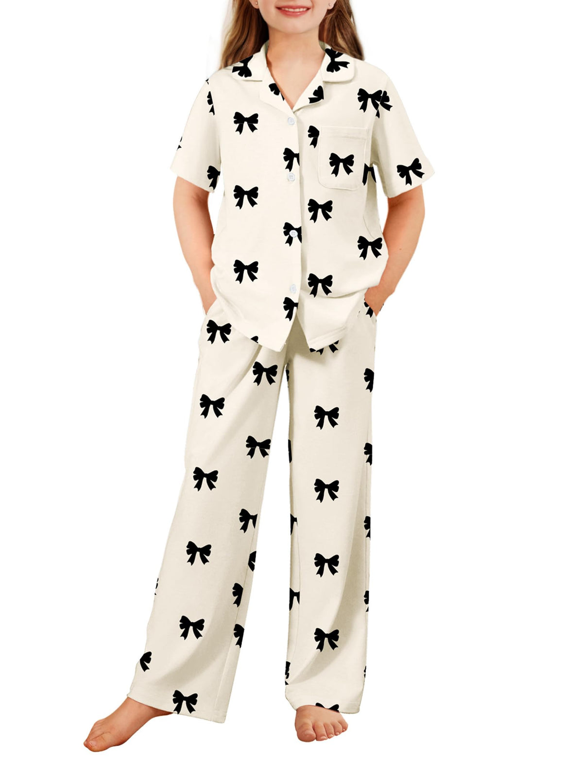 Arshiner Pajamas for Girls Short Sleeve Long Pants Sleepwear Button Pjs Set